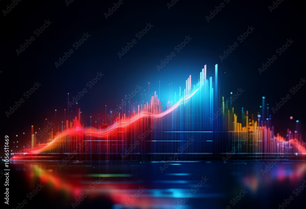 Abstract digital art with a colorful, glowing skyline rising from a dark, reflective surface. Abstract digital art with a colorful, glowing skyline rising from a dark, reflective surface.