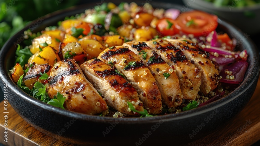 Grilled chicken served with colorful vegetables and quinoa salad. Grilled chicken served with colorful vegetables and quinoa salad.