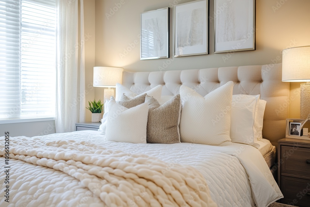 Comfortable double bed in a modern bedroom with warm lighting, creating a cozy and inviting atmosphere at night Comfortable double bed in a modern bedroom with warm lighting, creating a cozy and inviting atmosphere at night