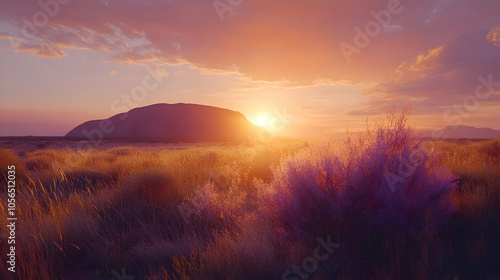 Sunrise Over a Hill and Grass Field with Purple Plants - Realistic Photo