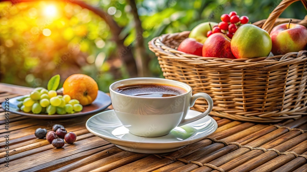 A cup of freshly brewed coffee with a layer of condensation on the outside sitting on a wicker table beside a bowl of fruit, morning, condensation, glass, coffee, fruit A cup of freshly brewed coffee with a layer of condensation on the outside sitting on a wicker table beside a bowl of fruit, morning, condensation, glass, coffee, fruit