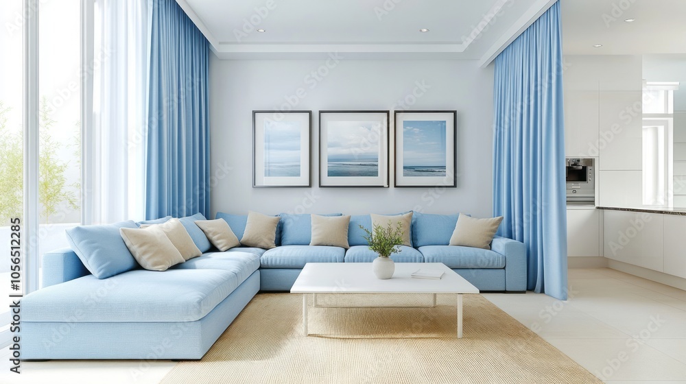 A modern living room with white walls, a sky blue sectional sofa, and beige throw pillows A modern living room with white walls, a sky blue sectional sofa, and beige throw pillows