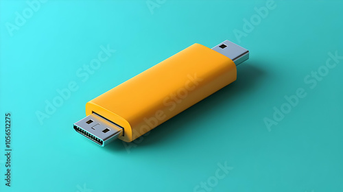 3D Rendered Yellow USB Cable on Turquoise Background