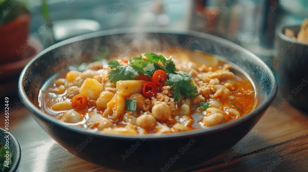 Gourmet thick vegetable soup in a large bowl with spices and herbs, served in a restaurant setting. Gourmet thick vegetable soup in a large bowl with spices and herbs, served in a restaurant setting.