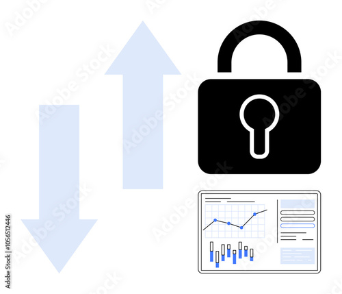 Lock symbolizing security, two arrows indicating data flow, and a financial analytics dashboard with charts and graphs. Ideal for cybersecurity, data protection, financial analysis, information flow