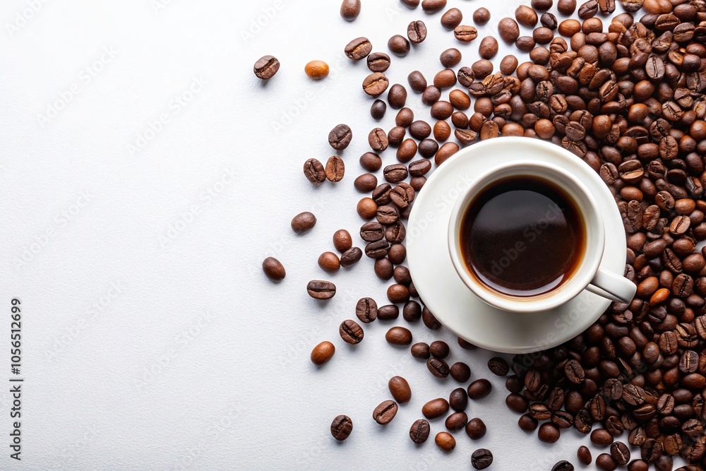 Aerial view of black coffee cup with scattered beans on white background Aerial view of black coffee cup with scattered beans on white background