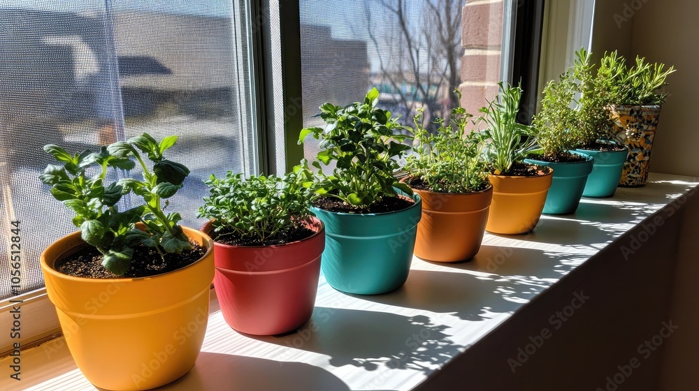 Colorful Potted Herbs on Sunlit Windowsill Colorful Potted Herbs on Sunlit Windowsill