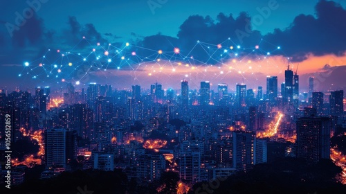 A vibrant city skyline at dusk with digital network overlay.