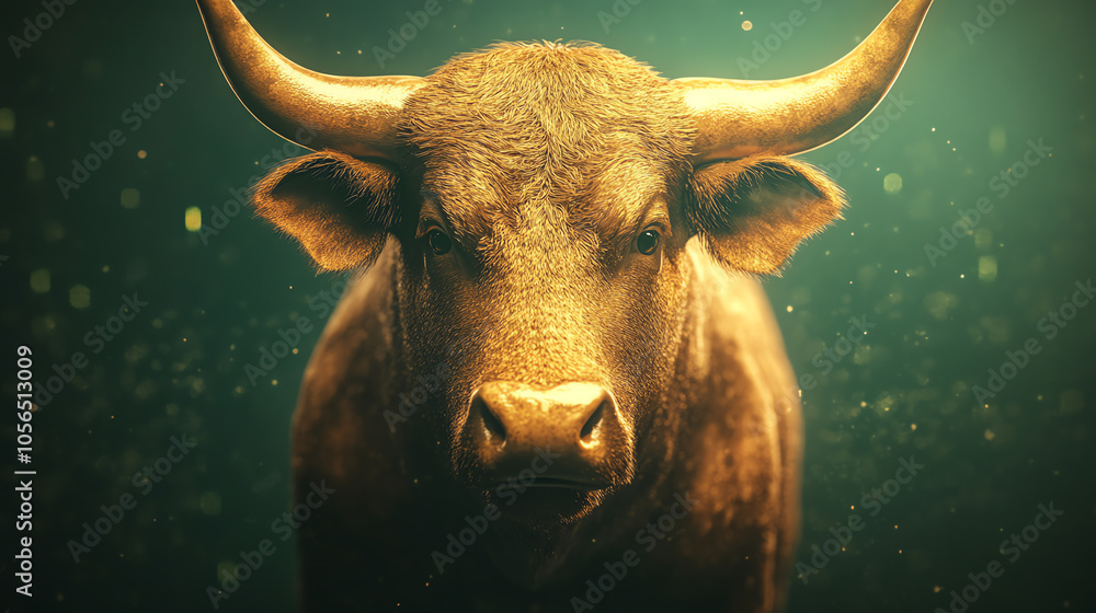 A close-up of a strong bull, showcasing its majestic horns and powerful presence, set against a beautifully blurred green background. A close-up of a strong bull, showcasing its majestic horns and powerful presence, set against a beautifully blurred green background.