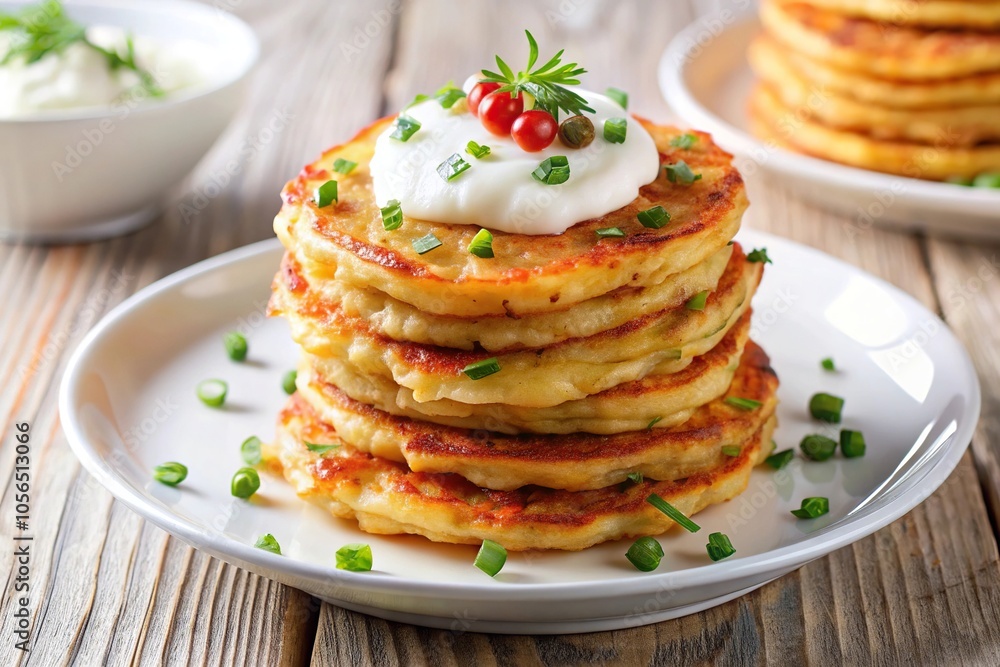 Aerial view of potato pancakes with sour cream, chives, and paprika on a white plate Aerial view of potato pancakes with sour cream, chives, and paprika on a white plate