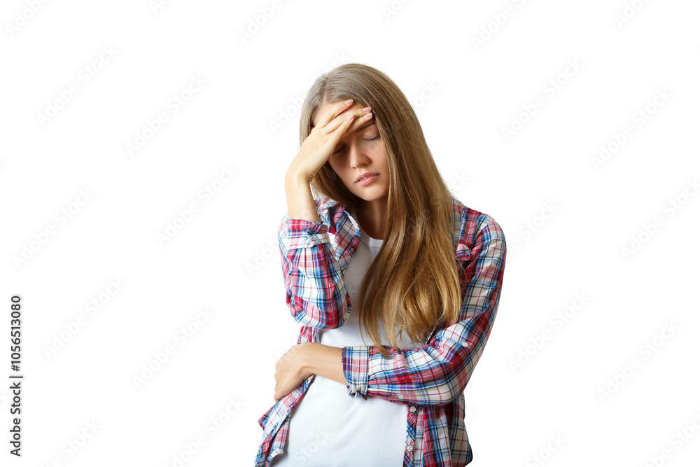 Woman wearing plaid shirt with hand on forehead, looking tired. Isolated on white background. Concept of fatigue or stress Woman wearing plaid shirt with hand on forehead, looking tired. Isolated on white background. Concept of fatigue or stress