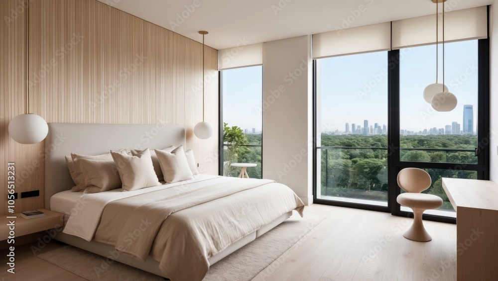 Modern Minimalist Bedroom with Wooden Wall Panels and City View
Modern Minimalist Bedroom with Wooden Wall Panels and City View