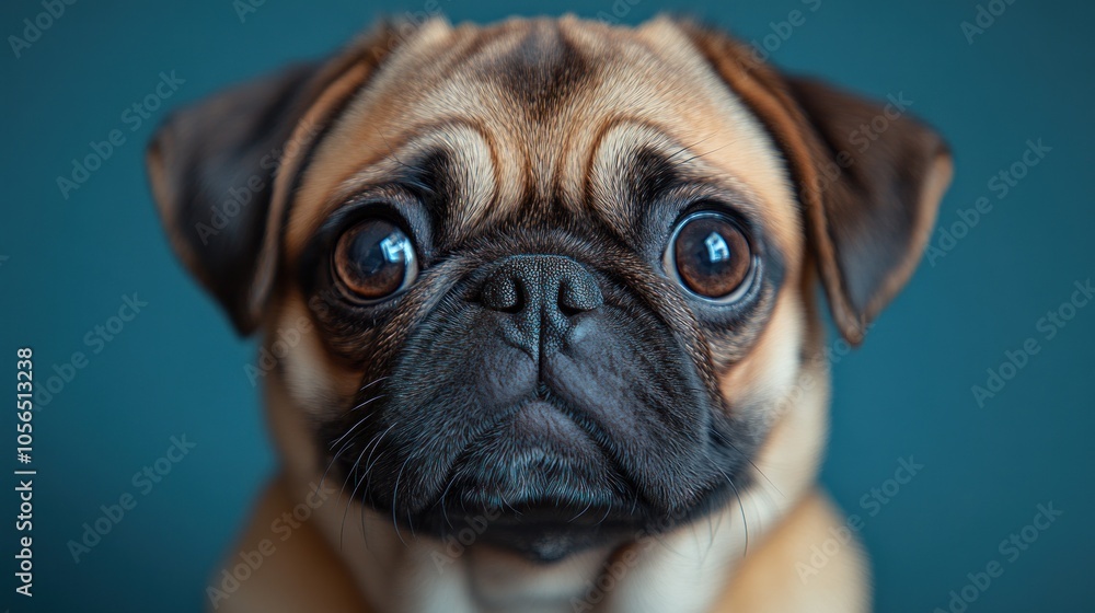 A close-up of a cute pug dog with expressive eyes. A close-up of a cute pug dog with expressive eyes.