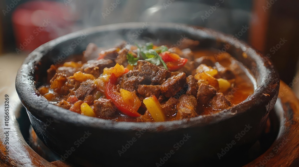 A close-up of a beef stew bowl on a table, ready to serve. A close-up of a beef stew bowl on a table, ready to serve.