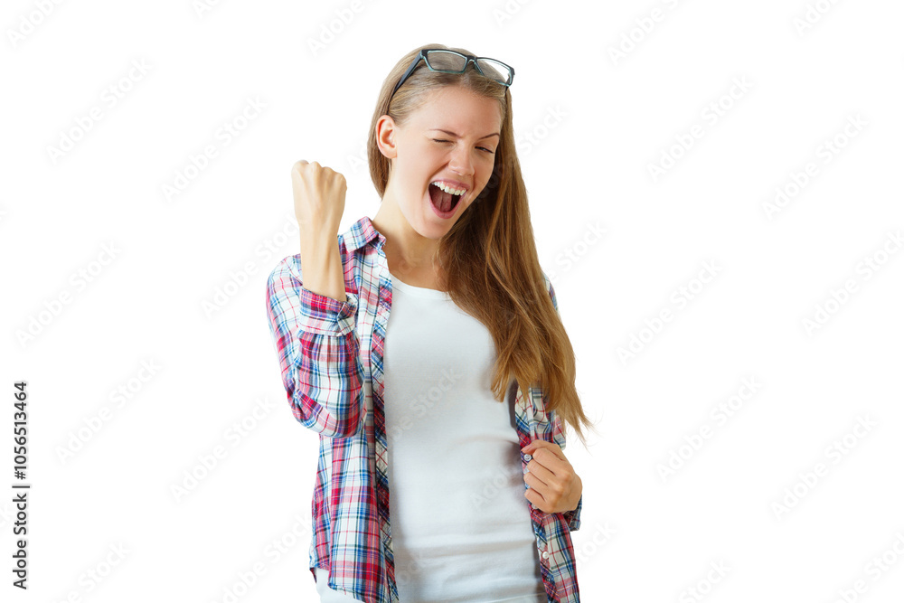 Young woman in plaid shirt celebrating with a fist pump, isolated on white background, concept of joy and success Young woman in plaid shirt celebrating with a fist pump, isolated on white background, concept of joy and success