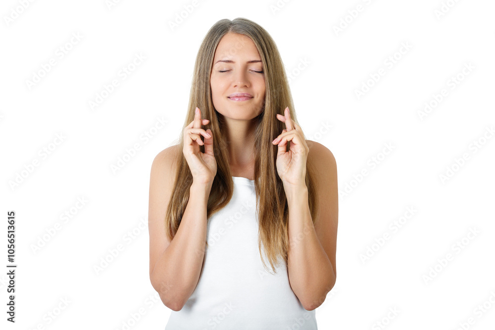 Woman with closed eyes and crossed fingers in hopeful gesture on a white background. Concept of hope and anticipation Woman with closed eyes and crossed fingers in hopeful gesture on a white background. Concept of hope and anticipation