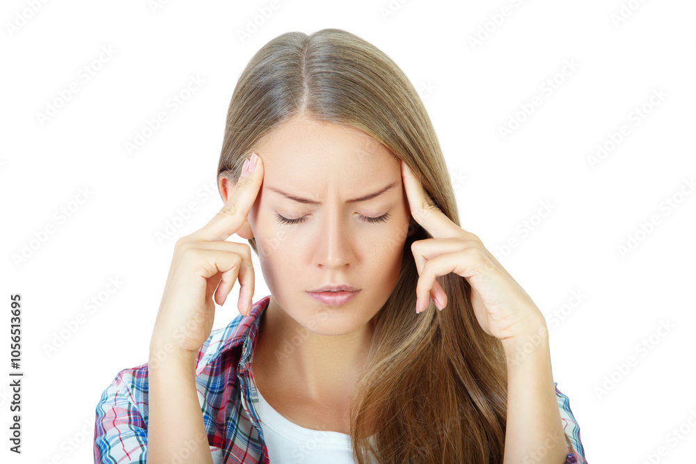 Woman with closed eyes and fingers on temples, wearing plaid shirt, against white background. Concept of stress or headache Woman with closed eyes and fingers on temples, wearing plaid shirt, against white background. Concept of stress or headache
