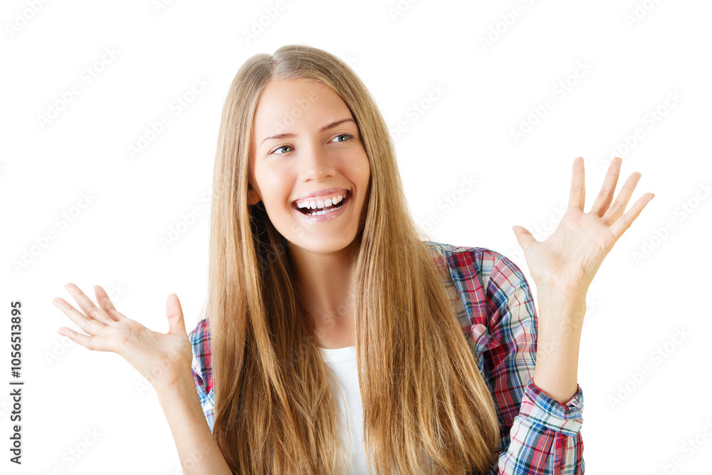 Woman with long hair smiling and raising hands, isolated on white background. Concept of happiness and joy Woman with long hair smiling and raising hands, isolated on white background. Concept of happiness and joy