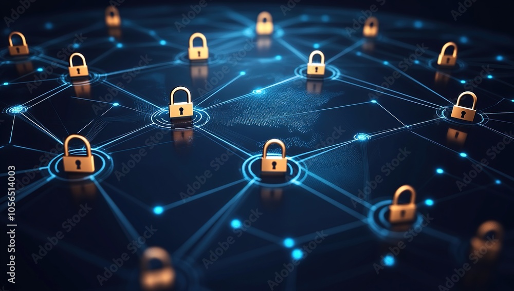 A network of gold padlocks connected by blue glowing lines on a dark background, representing secure online connections. A network of gold padlocks connected by blue glowing lines on a dark background, representing secure online connections.