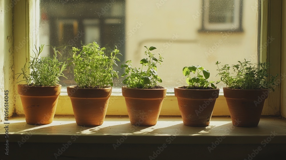 Fresh Herbs Growing in Rustic Pots by the Window Fresh Herbs Growing in Rustic Pots by the Window