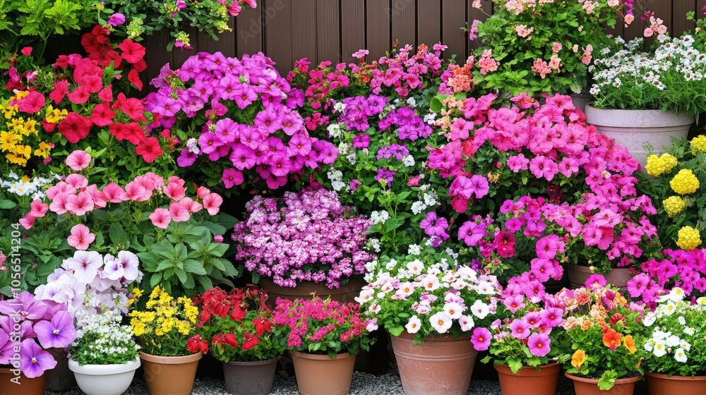 Vibrant Flower Display in Colorful Pots Vibrant Flower Display in Colorful Pots