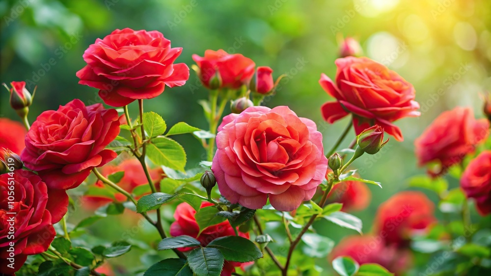 A gentle rose bush in full bloom with soft red petals and delicate thorns on its branches, rose, blooms, flowers A gentle rose bush in full bloom with soft red petals and delicate thorns on its branches, rose, blooms, flowers