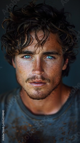 Intense Portrait of a Man with Blue Eyes and Freckles