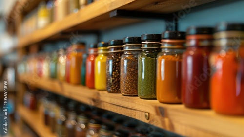 cooking spices in bottles are neatly arranged in the kitchen set