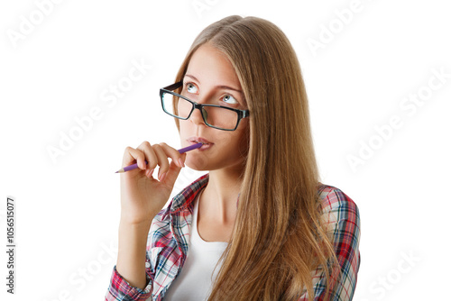 Woman with glasses and pencil in hand, thoughtful expression, plaid shirt, isolated on white background, concept of ideas and thinking