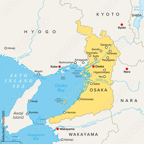 Osaka Prefecture of Japan, political map. Located in Kansai region of Honshu, bordering the prefectures Hyogo, Kyoto, Nara and Wakayama. Largest city and capital is Osaka, third-largest city in Japan.