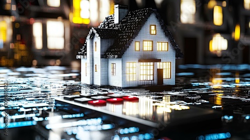 Exploring the intersection of digital innovation and real estate a 3d house model amidst high-tech connectivity in a virtual landscape