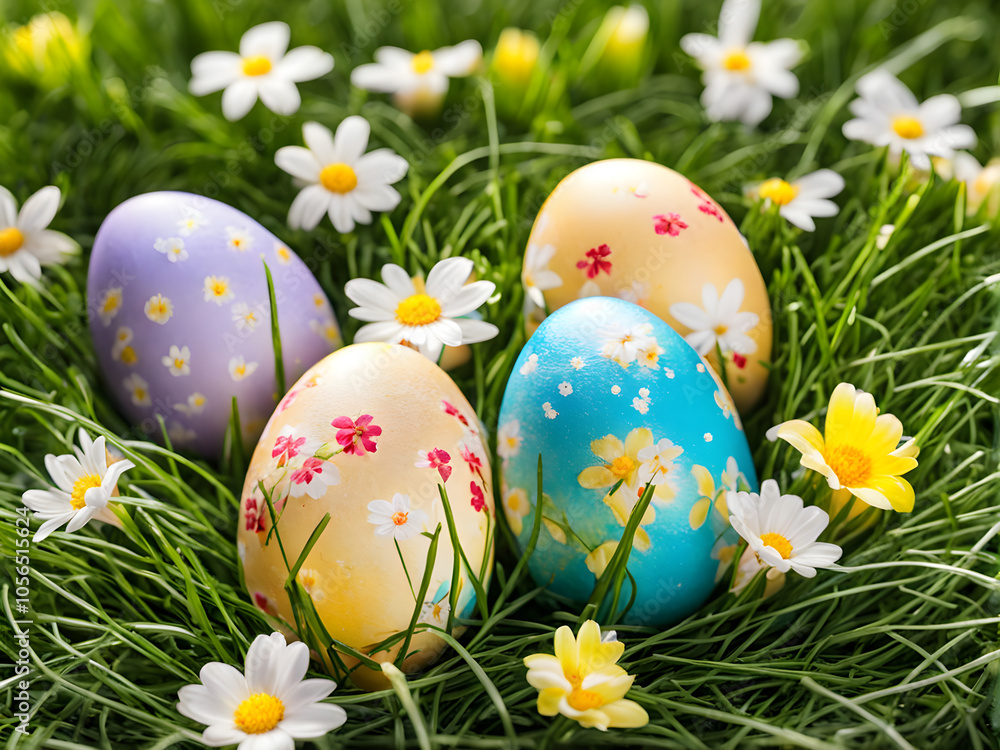 Easter eggs decorated with flowers in the grass Easter eggs decorated with flowers in the grass