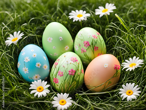 Easter eggs decorated with flowers in the grass