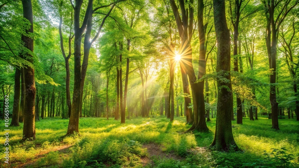 Obraz premium A lush forest bathed in soft dappled sunlight filtering through the trees on a warm summer day, warm weather, verdant foliage, sunbeams, forest