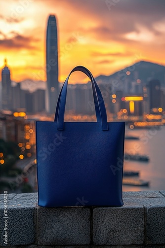 A Blue Leather Tote Bag Rests on a Stone Wall Against a Blurred Cityscape at Sunset