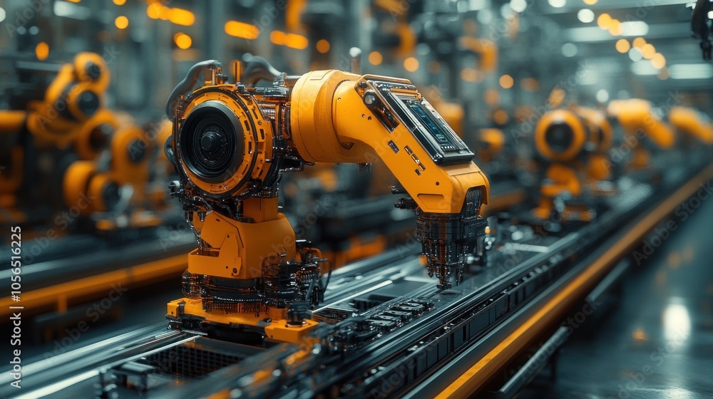Industrial robotic arm in a high-tech manufacturing environment. Industrial robotic arm in a high-tech manufacturing environment.