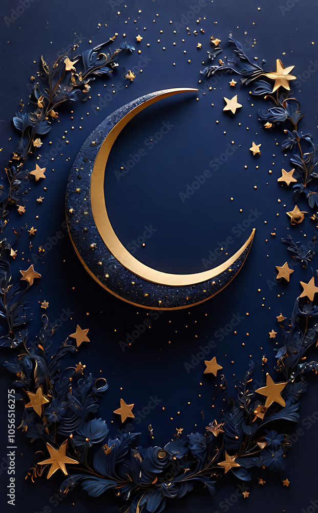 Naklejka premium A happy crescent moon with tiny sparkling stars on a dark indigo background, an adorable wallpaper for a celestial theme.
