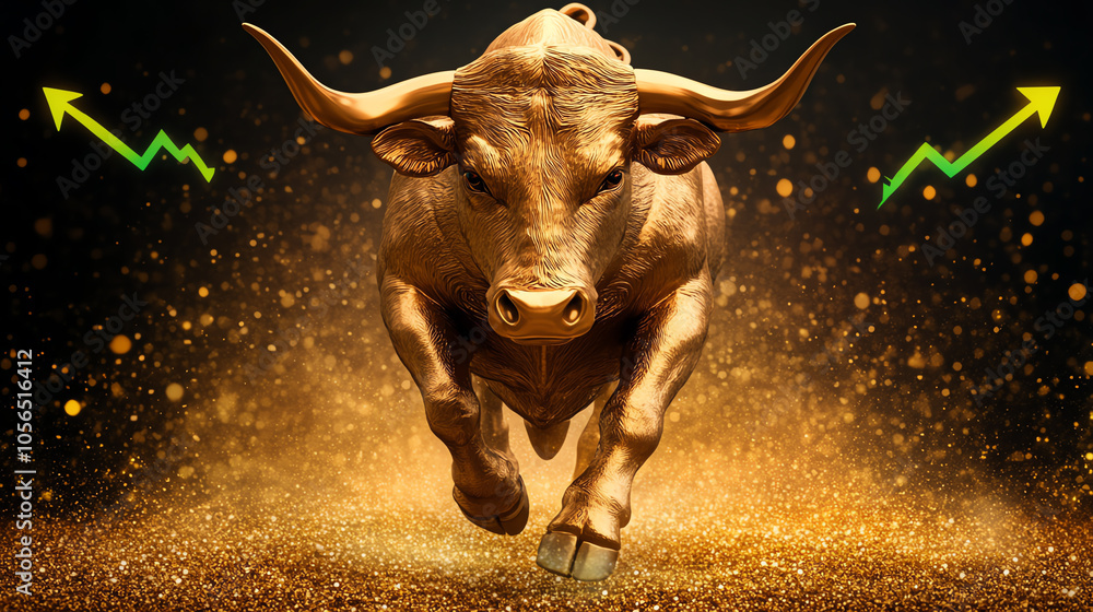 A powerful golden bull charging forward, symbolizing market growth and prosperity, set against a sparkling golden background.