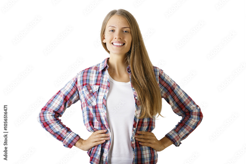 Young woman smiling in a plaid shirt, hands on hips, on a white background. Portrait of confidence and positivity Young woman smiling in a plaid shirt, hands on hips, on a white background. Portrait of confidence and positivity