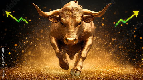 Obraz na płótnie A powerful golden bull charging forward, symbolizing market growth and prosperity, set against a sparkling golden background. w salonie