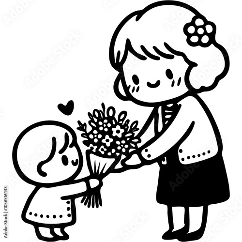 Girl granddaughter gives a bouquet of flowers to her beloved grandmother and says thank you in monochrome. Simple minimalistic vector in black ink drawing on transparent background