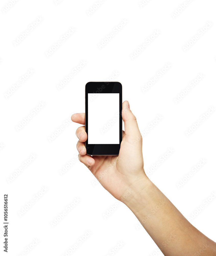 Hand holding a smartphone with a blank screen, isolated on a white background. Concept of mobile display template and layout Hand holding a smartphone with a blank screen, isolated on a white background. Concept of mobile display template and layout