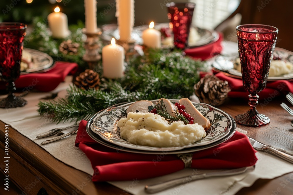 Obraz premium Festive Christmas dinner table adorned with candles and holiday food featuring roasted turkey and mashed potatoes