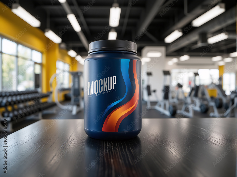 Protein powder container mockup in gym Protein powder container mockup in gym