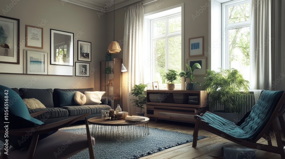 Fototapeta premium Cozy living room featuring beige walls, dark gray accent furniture, and teal blue textiles