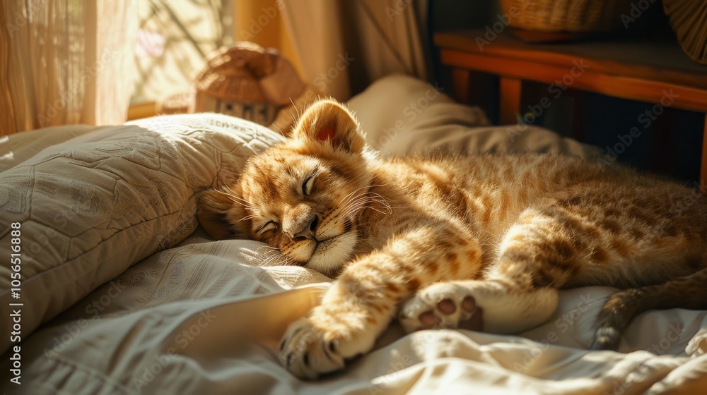 A baby lion is sleeping on a bed. The bed is covered with a white blanket. The baby lion is curled up and has its eyes closed A baby lion is sleeping on a bed. The bed is covered with a white blanket. The baby lion is curled up and has its eyes closed