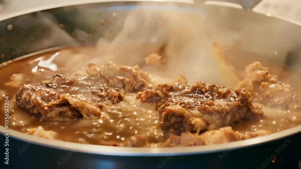 oxtail bubbling video flames 4K high close Pot kitchen gravy meat cooking stove pan hot cook food dish meal dinner cookery lunch red burner stew oxtail bubbling video flames 4K high close Pot kitchen gravy meat cooking stove pan hot cook food dish meal dinner cookery lunch red burner stew