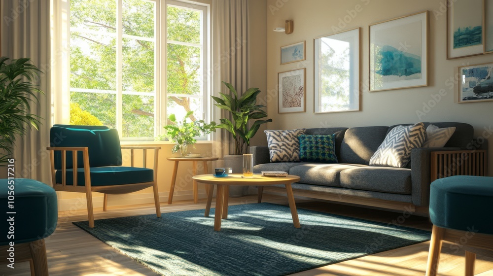 A living room with beige walls, dark gray furniture, and teal blue cushions A living room with beige walls, dark gray furniture, and teal blue cushions