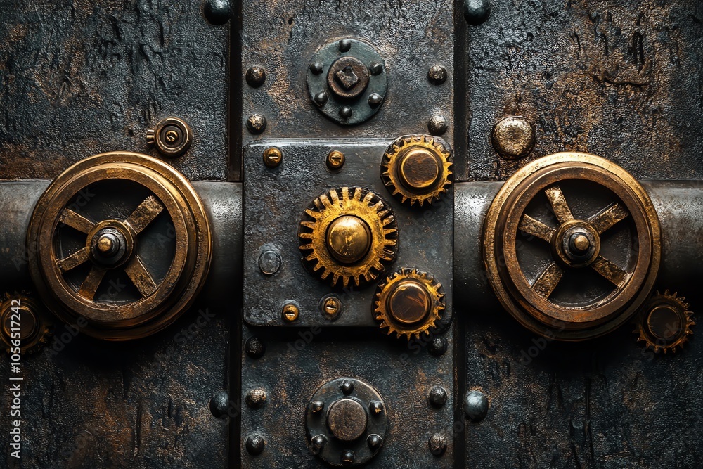 Close-up of a rusty metal surface with gold gears and wheels. Close-up of a rusty metal surface with gold gears and wheels.
