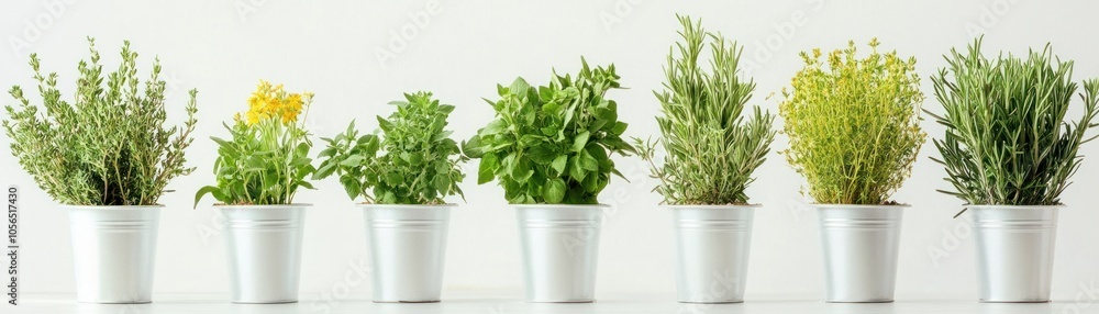 A row of potted herbs in white containers, showcasing a variety of greenery. A row of potted herbs in white containers, showcasing a variety of greenery.